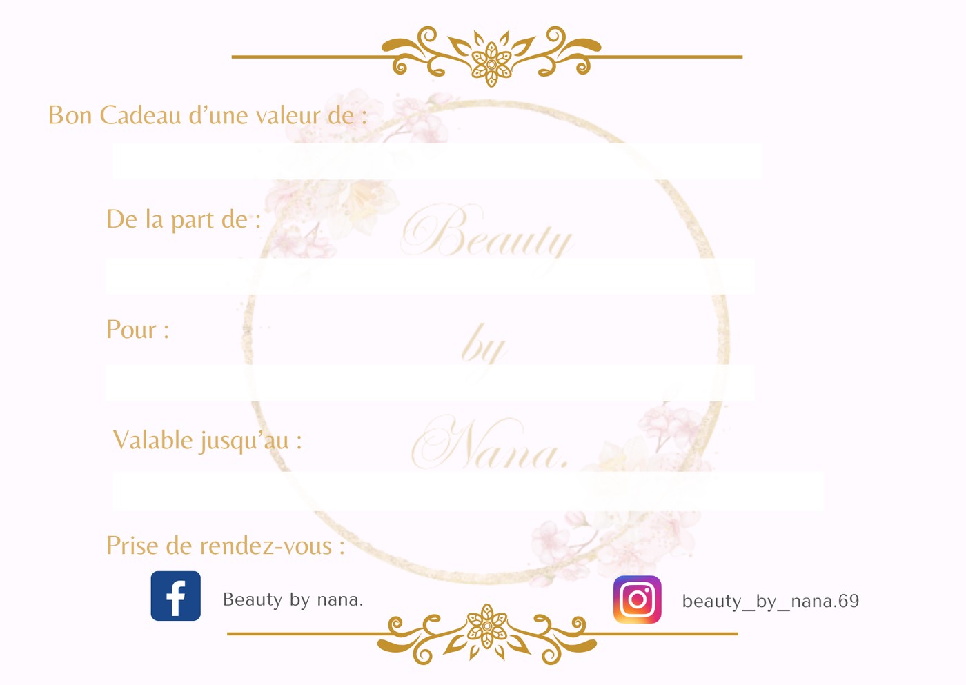 Carte cadeau Beauty by Nana, verso : montant, de la part de, pour, date de validité